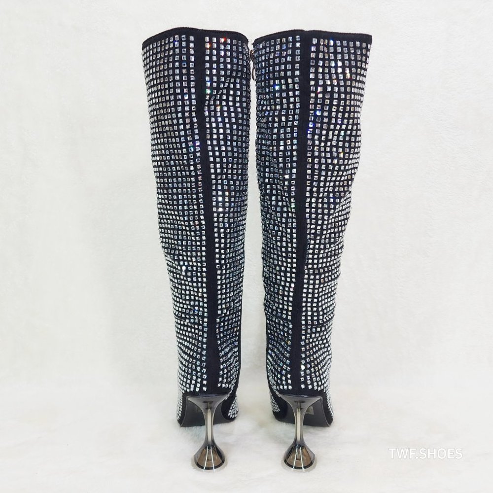 Glamour Shot Mirror Rhinestone Tinted 4" Pyramid Heel Knee High Boots Black - Picture 4 of 10